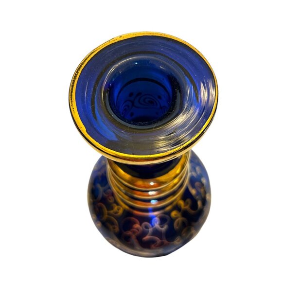 Vintage Bohemian Persian Hand-Painted Cobalt Blue & Gold Glass Decanter - Picture 5 of 13